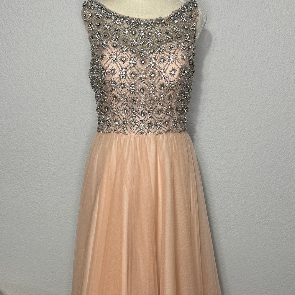 Glamour by Terani Couture Blush Silver Fit & Flare Sequined Prom Dress FLAWED 6